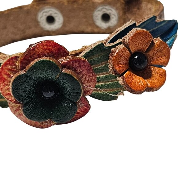 Handcrafted Retro Leather Floral Cuff Bracelet Adjustable Snap Closure 60s 70s - Picture 2 of 6
